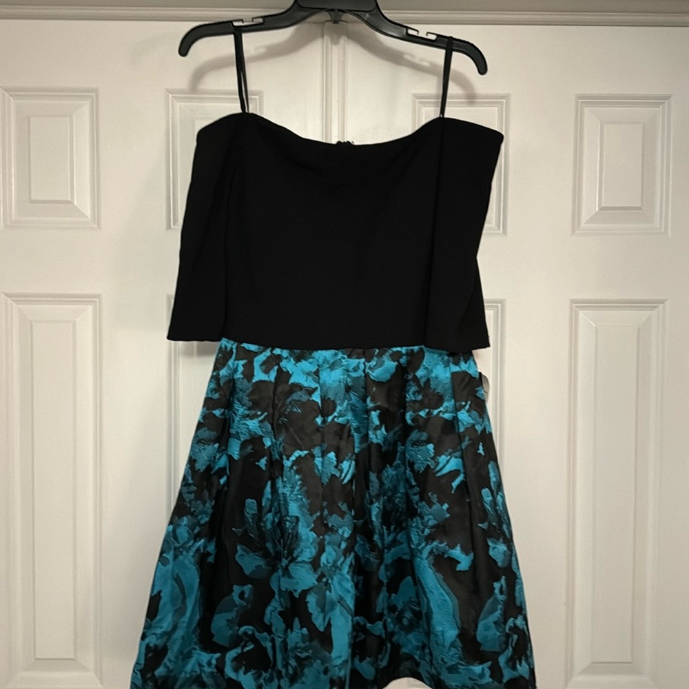 Betsy Adam sz 12 strapless black cocktail dress with teal floral brocade skirt.